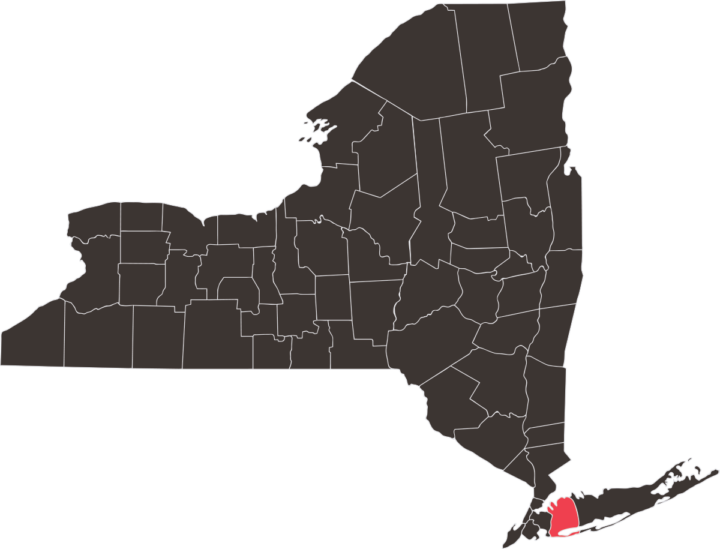 Map of New York with Nassau county in red.