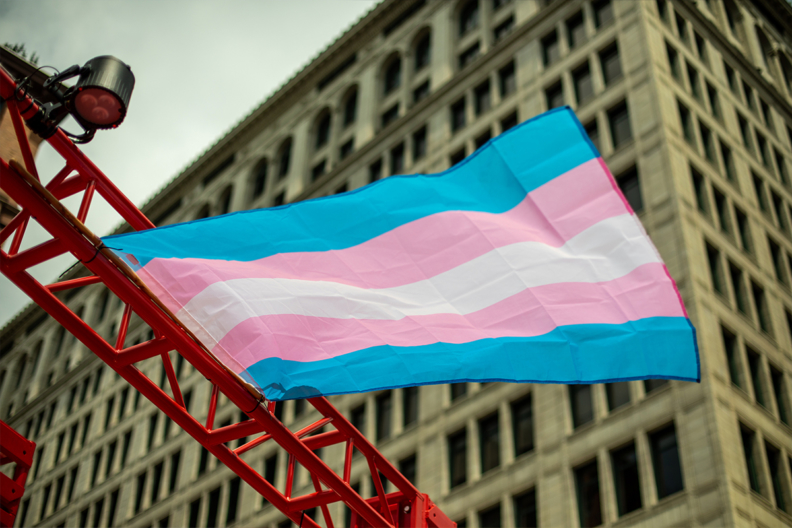 Transgender flag waving in the air in front of a tall building