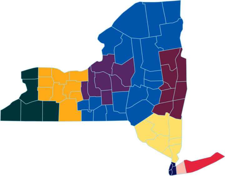 Map of New York color coded with NYCLU's regions.