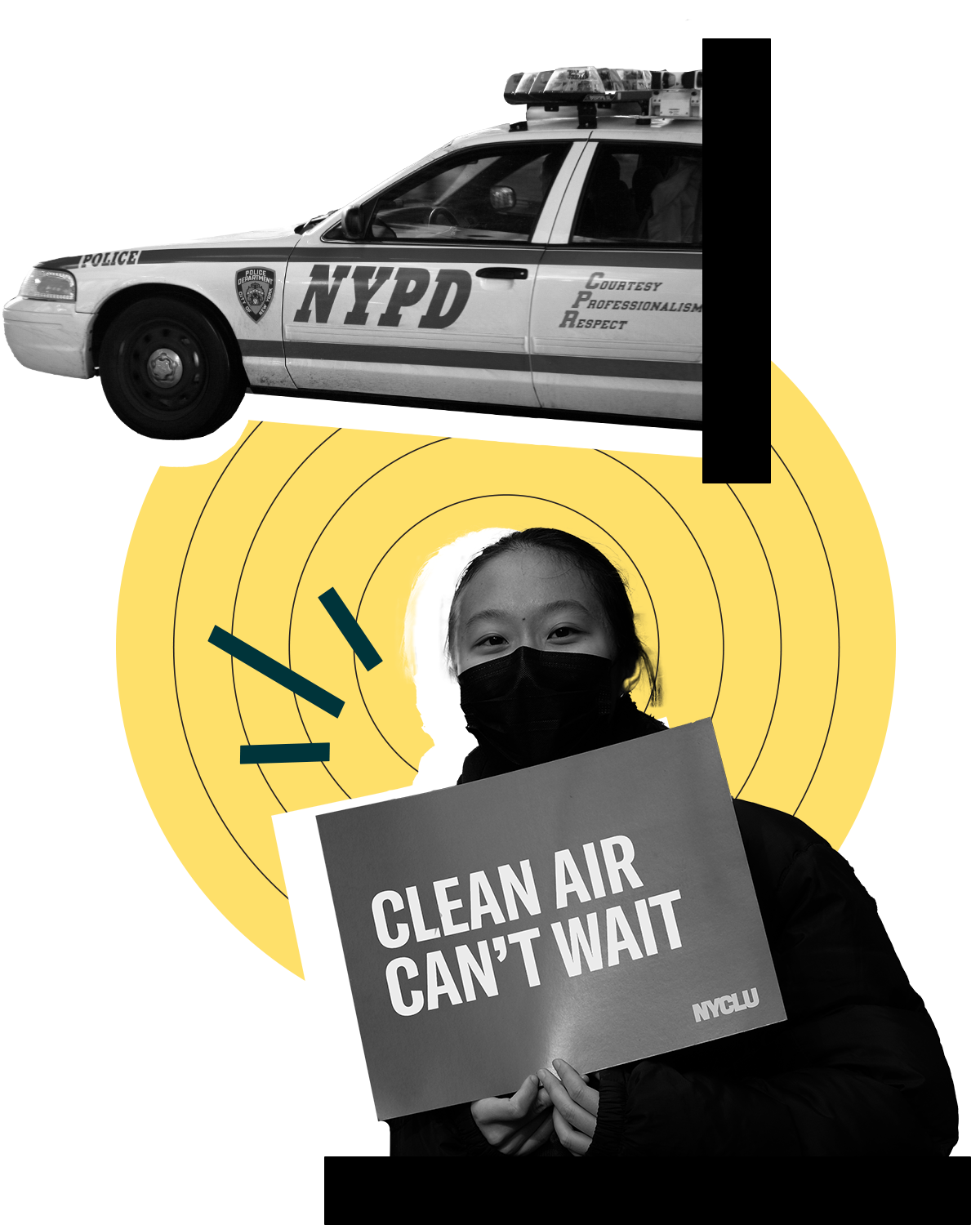 Pursuing Justice Collage. Elements include: NYPD police car, protestor holding a sign that reads, 