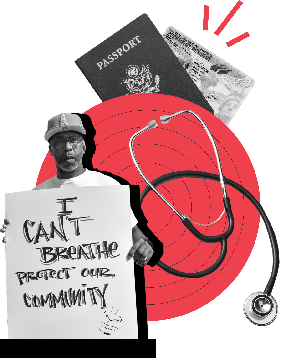 Promoting Equity Collage. Elements include: Passport and green card, stethoscope, and protestor holding a sign that reads, 
