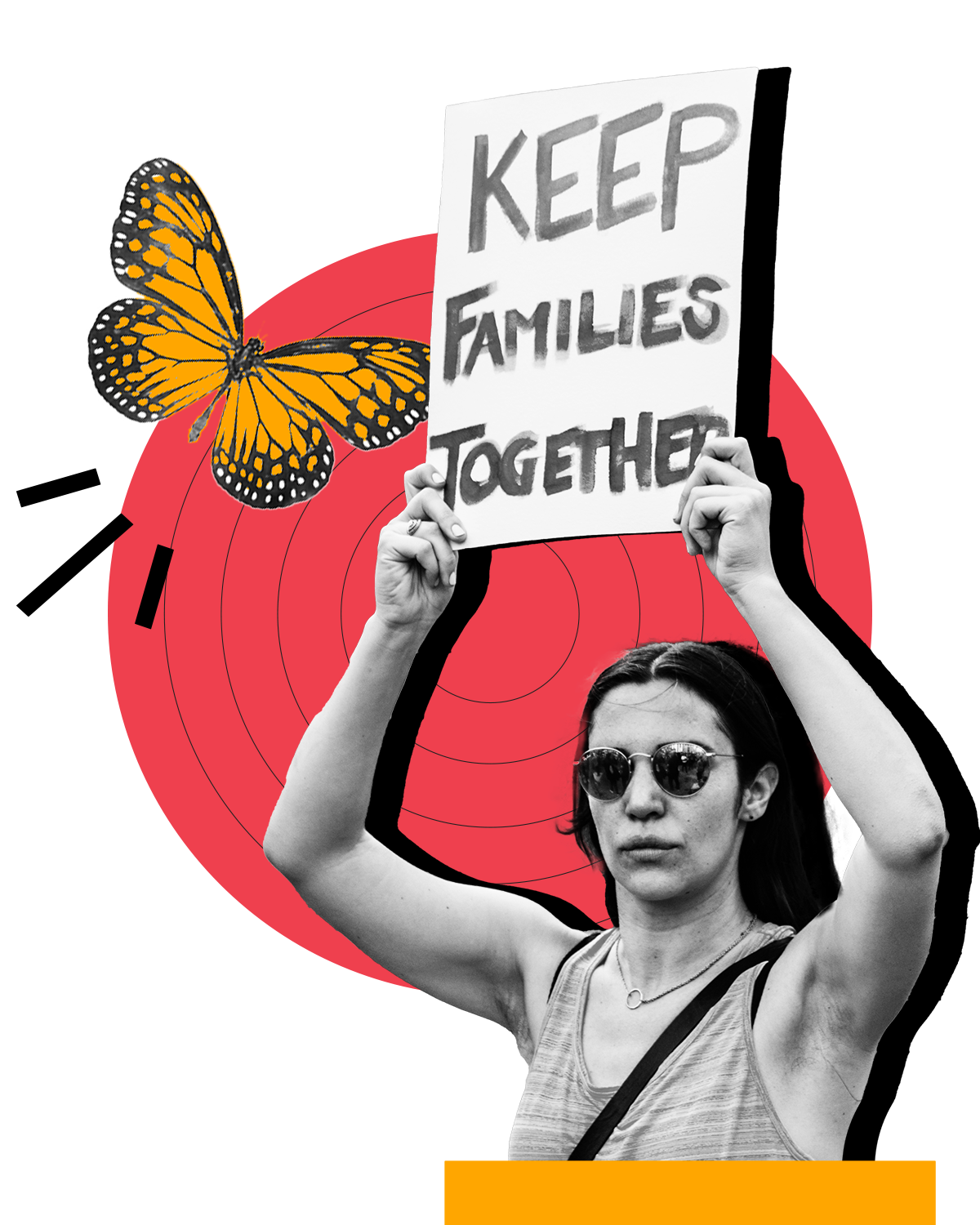 Immigrants' Rights Collage. Elements include: Butterfly and a protestor holding a sign that reads, 