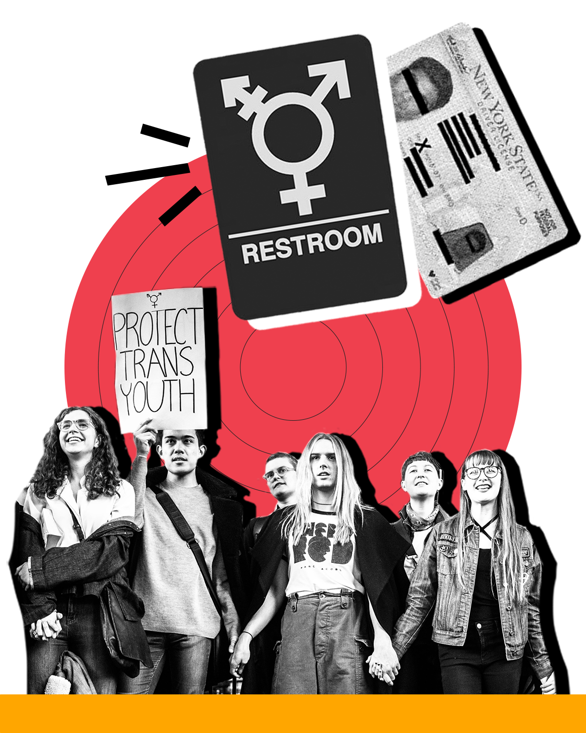 LGBTQ+ Rights Collage. Elements include: Sign for gender neutral bathroom, drivers license with Gender X marker, and students holding hands at a protest.