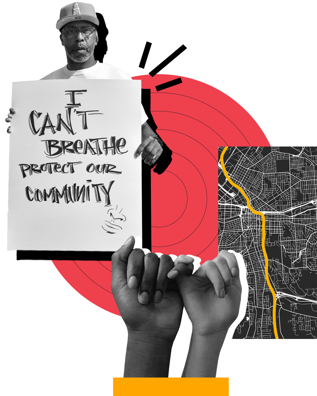 Racial Justice Collage. Elements include: Hands with pinkies connected, map of highway in buffalo, and a protestor holding a sign that reads, 