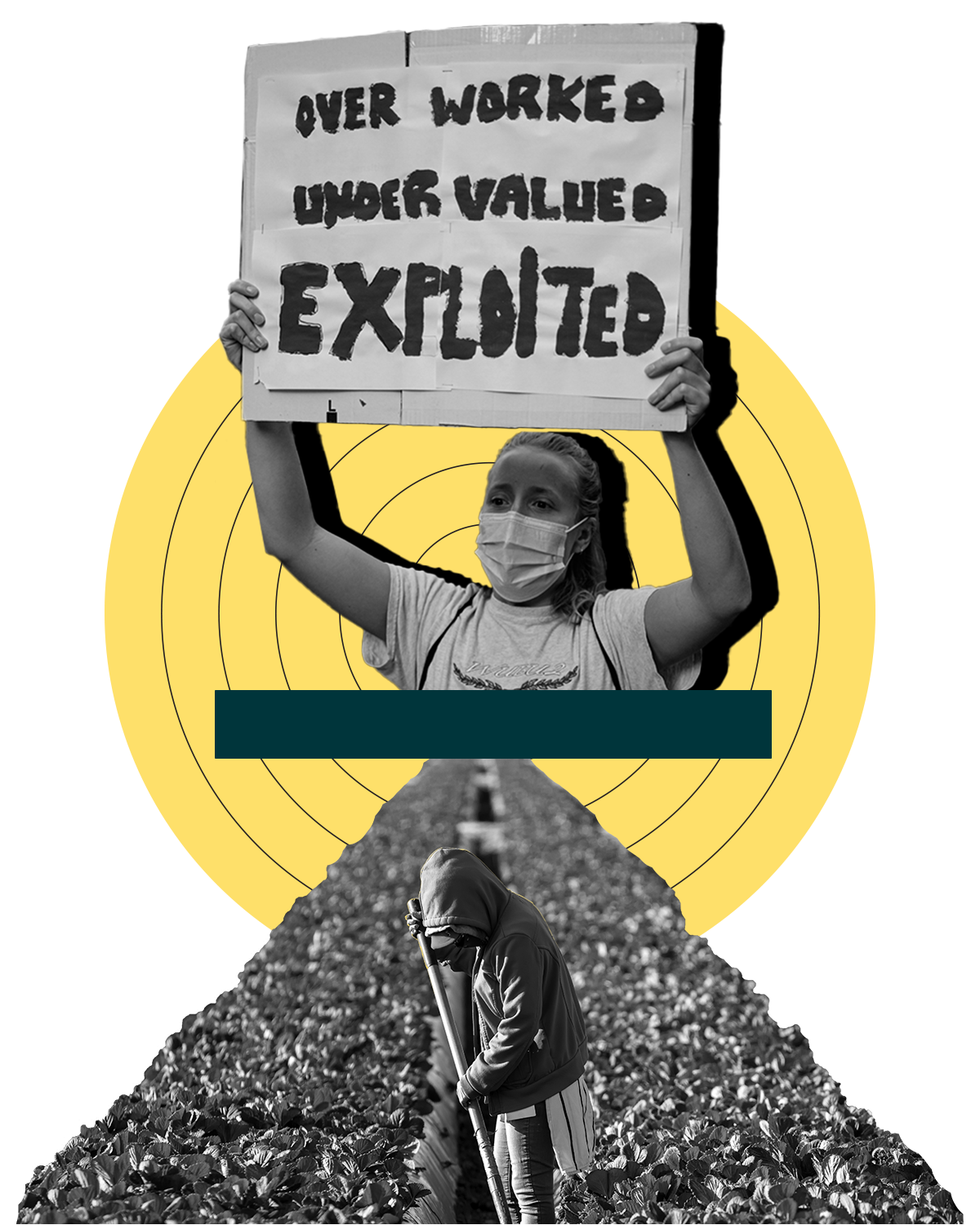 Economic Justice Collage. Elements include: Farmworker in the fields and a protestor holding a sign that reads, 
