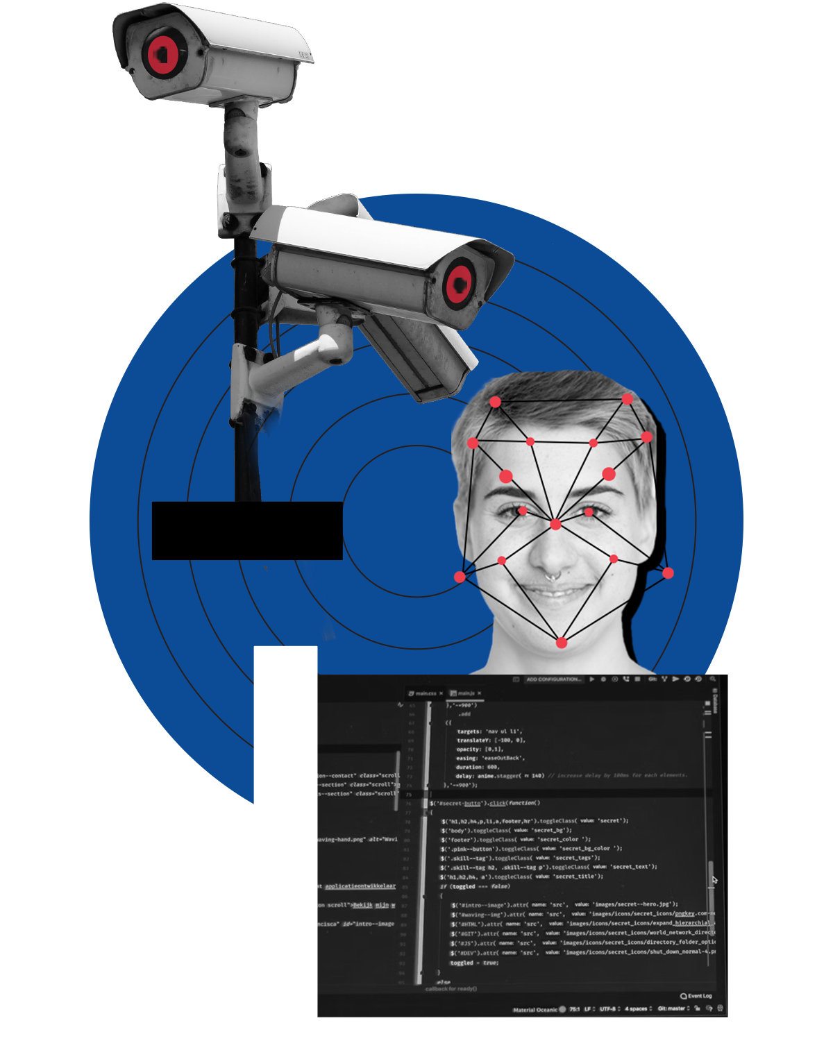 Privacy Collage. Elements include: surveillance cameras, facial recognition tech, and a computer screen of code.