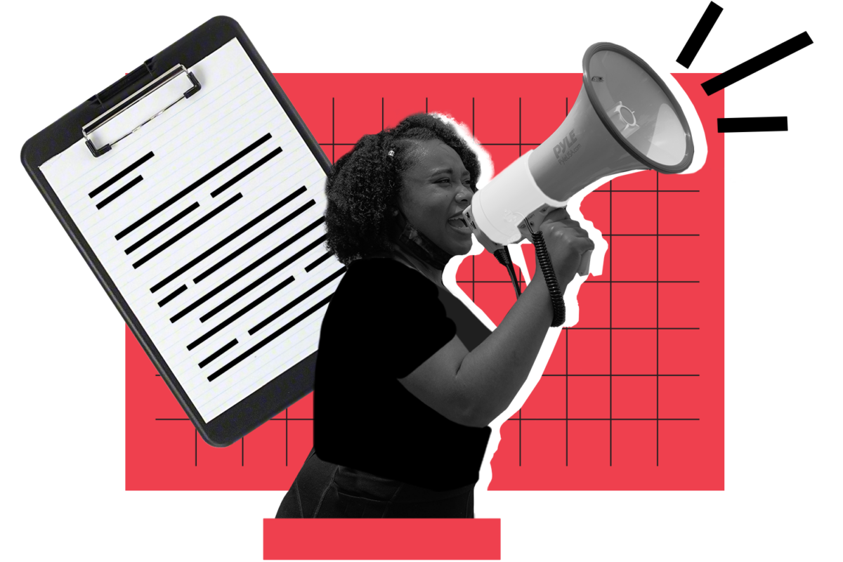 Campaigns approach collage. Elements include protester speaking into a megaphone, clipboard, and red gridded rectangle.