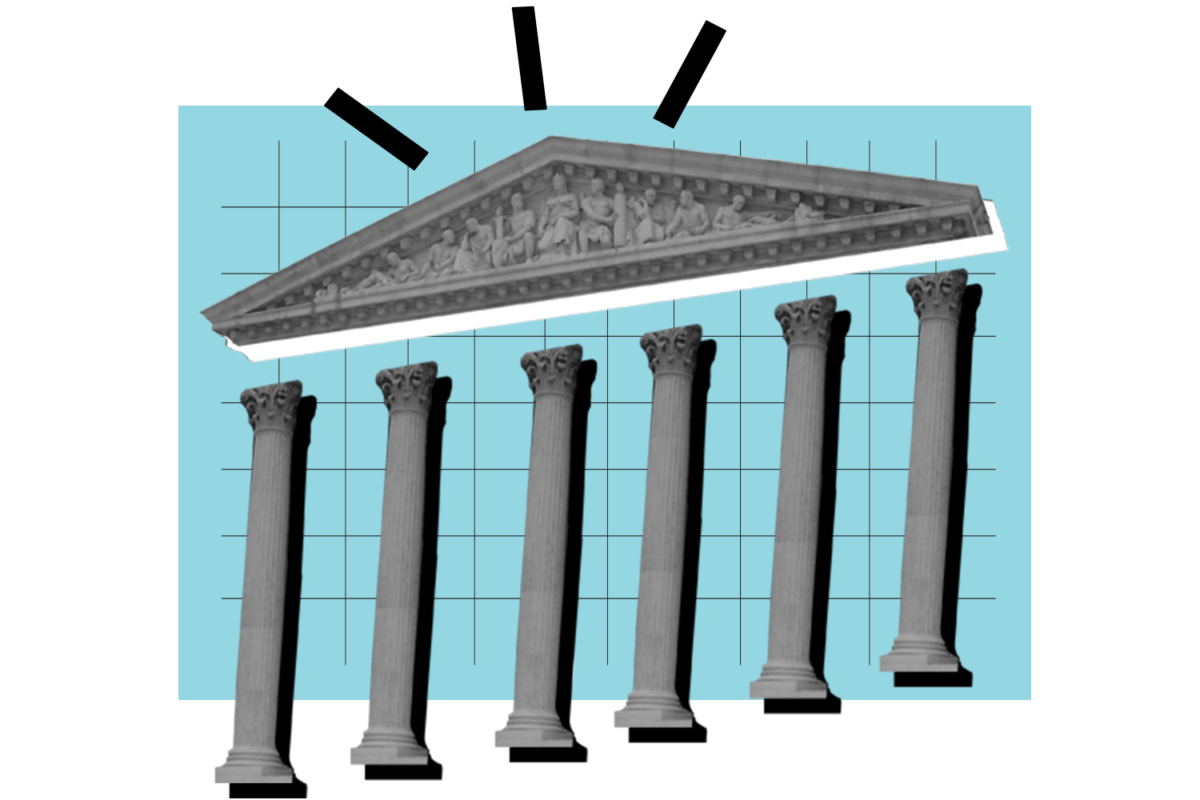 Court Cases collage. Elements include court pillars and light blue gridded rectangle.