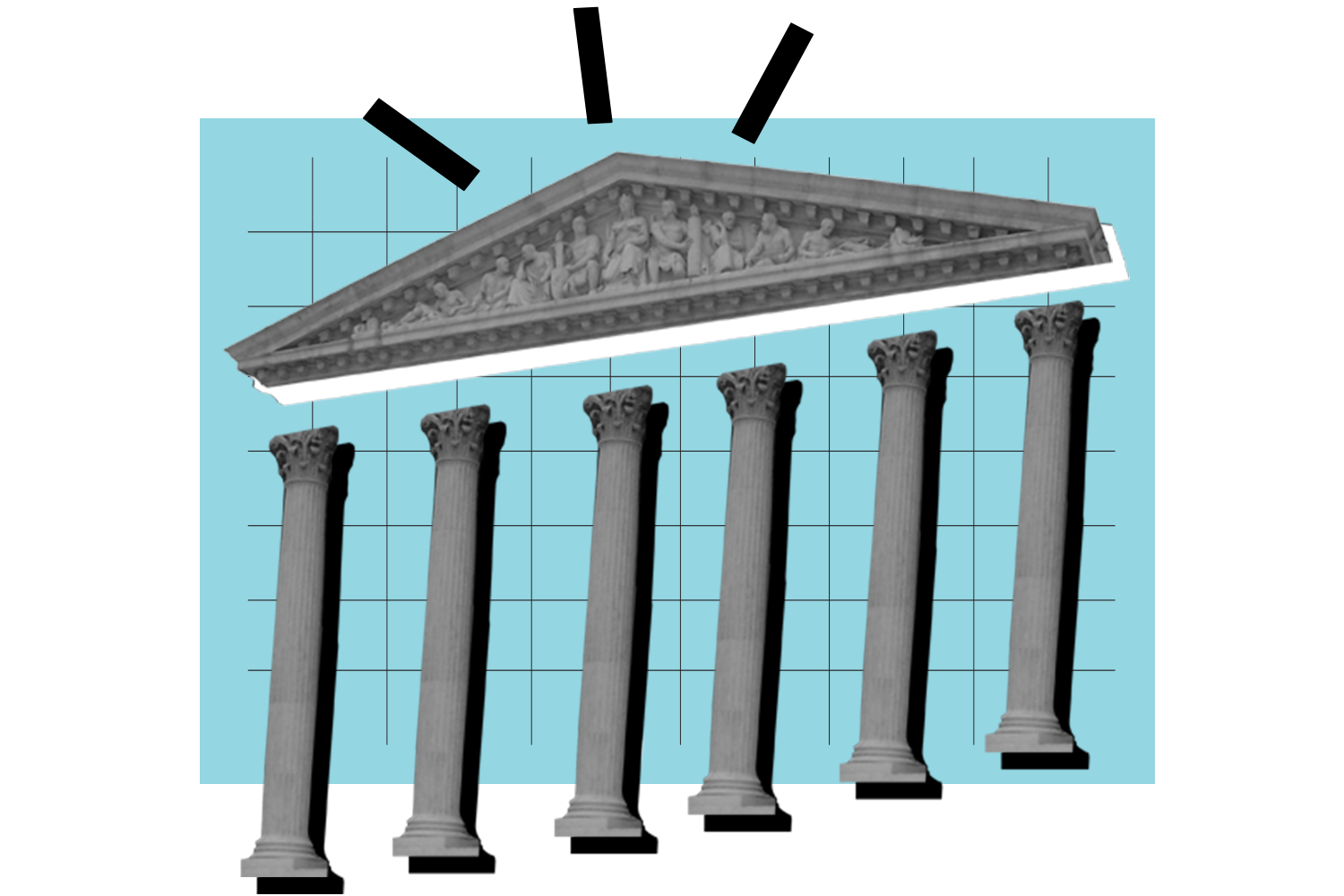 Court Cases collage. Elements include court pillars and light blue gridded rectangle.