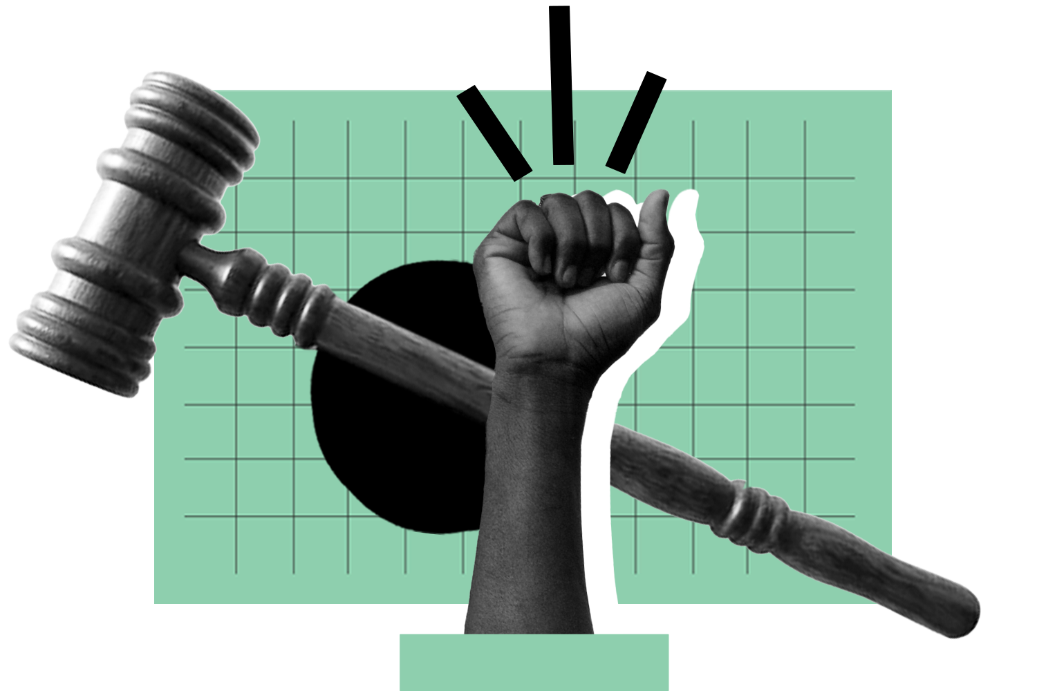 Know Your Rights approach collage. Elements include: Raised fist, gavel, and light green gridded rectangle