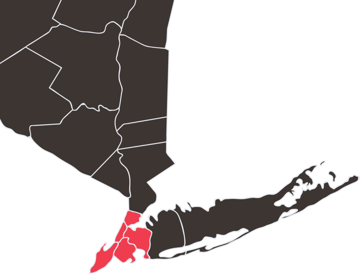Map of lower New York with New York City in red